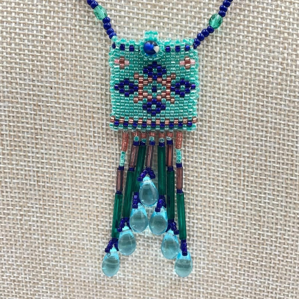 Handmade Beaded Pendant Necklace Boho Seed Bead Geometric Teal Pink Glass Fringe - Picture 3 of 8
